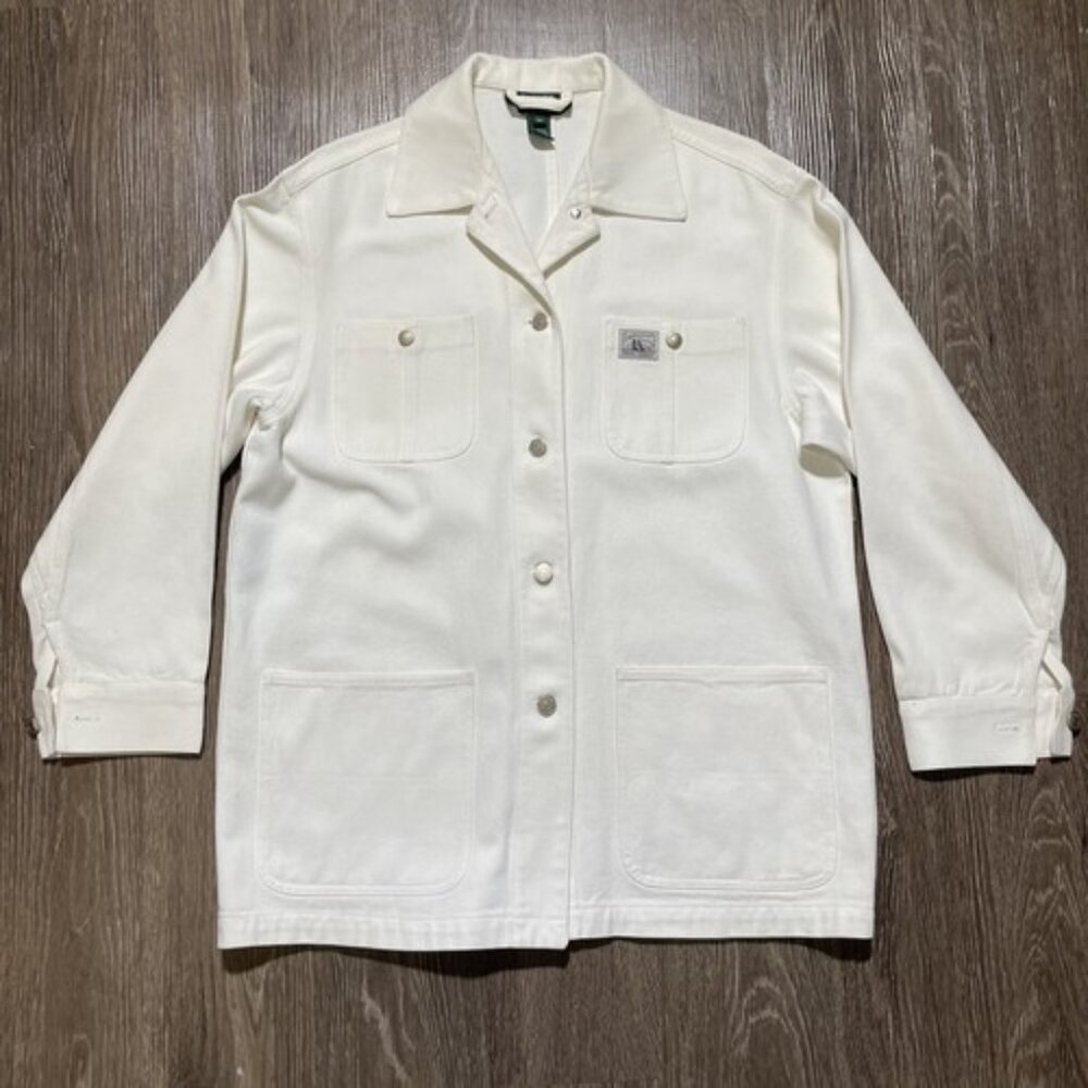 Vintage Lauren Ralph Lauren Jacket Womens Medium White Denim Chore Barn Coat 90s